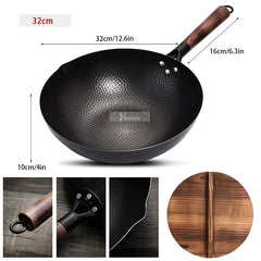 Konco Pure Iron wok poêle en fonte Pot non revêtu usage général pour cuisinière à gaz et à induction 32 cm Wok chinois ustensiles de cuisine