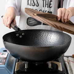 Konco Pure Iron wok poêle en fonte Pot non revêtu usage général pour cuisinière à gaz et à induction 32 cm Wok chinois ustensiles de cuisine