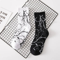 Chaussette Hip Hop en coton pour hommes, Style de rue, Skateboard Harajuku, noir et blanc, chaussettes joyeuses à motifs de foudre