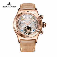 Reef Tiger-Montres Automatiques Seton pour Homme, Modules Or Rose, Bracelet Cuir Tourbillon, Montre dehors Étanche, Luxe, RIncome 703