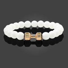Bracelet en pierre volcanique naturelle pour hommes et femmes, noir mat, perles blanches, breloque, haltère, bijoux de Fitness