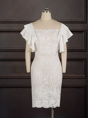 Robe Élégante en Dentelle Blanche pour Femme, Manches à Volants, Coupe Cintrée, Longueur aux Genoux, Chic, ixd'Anniversaire, Tenue de Célébrité, XXXL