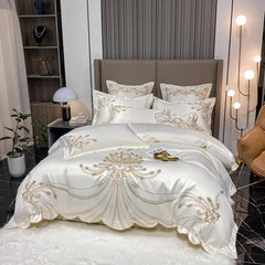 4/6 pièces blanc gris satin or broderie luxe Satin coton ensemble de literie Double reine roi housse de couette drap de lit taies d'oreiller