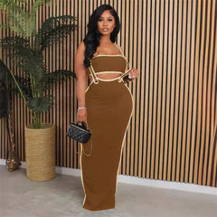 Robe longue de soirée sexy pour femme, ensemble 2 pièces, tenue de vacances, haut court sans bretelles et jupes maxi, ensembles assortis, vêtements de fête