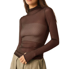 T-shirt à col roulé à manches longues pour femmes, maille transparente à pois, haut court, vêtements grunge, streetwear sexy, nickel é en Y