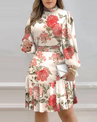 Robe à volants froncée à imprimé floral pour femmes, manches lanterne décontractées, tenues de bureau pour femmes, automne, 2022