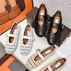 Chaussures plates découpées en cuir noir/blanc pour femme, mocassins à bout rond avec ceinture à boucle ajourée, mary janes, respirantes
