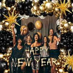 Kit d'arc de guirlande de ballons noirs et dorés, avec ballons en aluminium Starburst, fournitures de décoration pour mariage, anniversaire, fête de famille