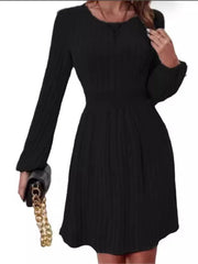 Printemps automne femmes nouveau Style Pit Bar col rond à la mode petite lanterne poignets tirant dos taille a-ligne robe mi-longue