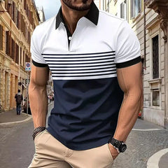 T-shirt à manches courtes à revers imprimé à rayures respirantes, chemise boutonnée de Style rétro décontracté pour hommes pour l'été