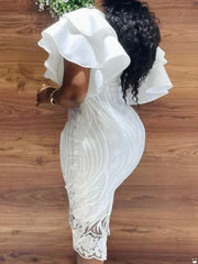 Robe Élégante en Dentelle Blanche pour Femme, Manches à Volants, Coupe Cintrée, Longueur aux Genoux, Chic, ixd'Anniversaire, Tenue de Célébrité, XXXL