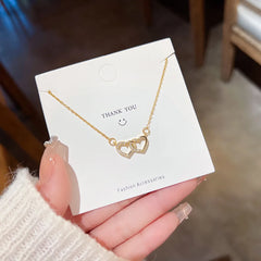 Chaîne en acier inoxydable couleur or, pendentif romantique en Zircon Double cœur pour femmes et filles, accessoires délicats, cadeaux