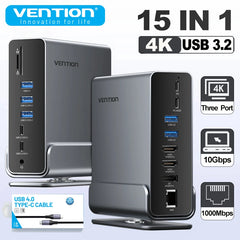 Vention 15 en 1 Station d'accueil USB C 4K HDMI Triple moniteur Hub USB 3.2 10Gbps RJ45 1000M 100W pour Windows PC portable HP MacBook