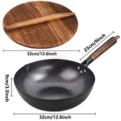 Poêle Wok en acier au carbone, 32cm, avec couvercle en bois, poêle chinoise à fond plat non revêtu, pour gaz électrique à Induction, toutes les cuisinières