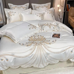 4/6 pièces blanc gris satin or broderie luxe Satin coton ensemble de literie Double reine roi housse de couette drap de lit taies d'oreiller