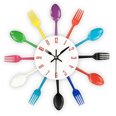 Horloge murale de cuisine, couverts créatifs modernes amovibles 3D cuillère de cuisine fourchette horloge murale miroir autocollant mural chambre maison