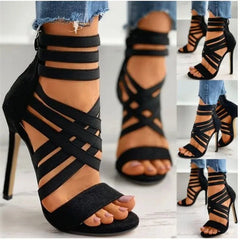 Sexy Peep Toe bande élastique croix femmes talons hauts sandales été nouveau dos fermeture éclair couverture talon gladiateur chaussure pompe noir