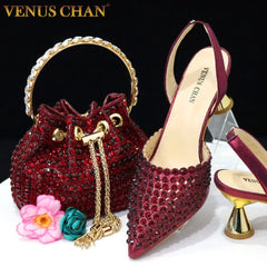 Venus Chan – escarpins à bout pointu pour femmes, chaussures et sacs italiens élégants, couleur vin, ensemble assorti, 2023