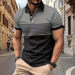 T-shirt à manches courtes à revers imprimé à rayures respirantes, chemise boutonnée de Style rétro décontracté pour hommes pour l'été