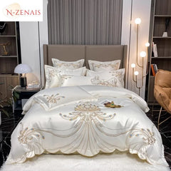 4/6 pièces blanc gris satin or broderie luxe Satin coton ensemble de literie Double reine roi housse de couette drap de lit taies d'oreiller