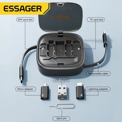 Essager 60W Charge rapide USB A/C à TypeC Micro câble Lightning Mini boîte de rangement de voyage multifonctionnelle avec jeu de broches de support pour téléphone