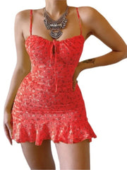 Robe à bretelles Spaghetti pour femmes, imprimé Floral, Sexy, coupe basse, ajouré, paquet en cuir, volants aux hanches, Mini robe féminine, 2024