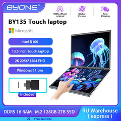 BYONE BY135 double écran ordinateur portable Intel N100 DDR4 16G RAM M.2 SSD 14 pouces 10 points écran tactile ordinateur portable 6500Mah ordinateur PC bureau