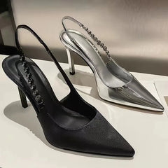 Femmes cristal talons hauts Slingback bout pointu argent pompes mode marques de luxe sandales à talons fins métallique chaussures de fête décontractées