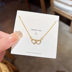 Chaîne en acier inoxydable couleur or, pendentif romantique en Zircon Double cœur pour femmes et filles, accessoires délicats, cadeaux