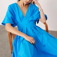 Robe de soirée française pour femmes, couleur unie, col en v, taille haute, longue, bureau, élégante, plissée, manches courtes, ligne a, nouvelle collection été 2024