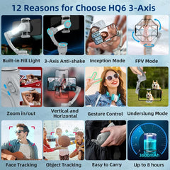 AXNEN HQ6 Gimbal à Main 3 Axes Intelligent avec Lumière de Remplissage pour iPhone, Samsung, Huawei, Xiaomi, VIVO, OPPO, Suivi du Visage, Kit TikTok et Vlog