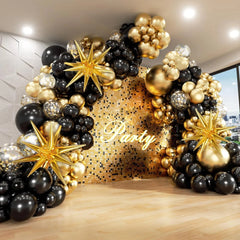 Kit d'arc de guirlande de ballons noirs et dorés, avec ballons en aluminium Starburst, fournitures de décoration pour mariage, anniversaire, fête de famille