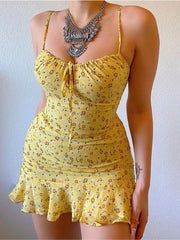 Robe à bretelles Spaghetti pour femmes, imprimé Floral, Sexy, coupe basse, ajouré, paquet en cuir, volants aux hanches, Mini robe féminine, 2024