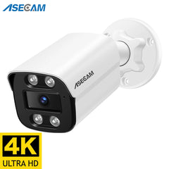 ASECAM Caméra de Surveillance extérieure IP POE hd 8MP/4K, dispositif de sécurité domestique en métal couleur, avec Vision nocturne et Audio, codec H.265 et protocole Onvif