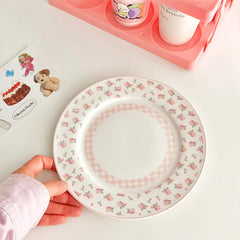 Assiette à dîner en céramique florale rose, petite assiette française florale brodée à bords en dentelle, assiette à salade légère, adaptée à la décoration de la maison, assiette à pain pour petit déjeuner quoti