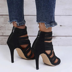 Sexy Peep Toe bande élastique croix femmes talons hauts sandales été nouveau dos fermeture éclair couverture talon gladiateur chaussure pompe noir