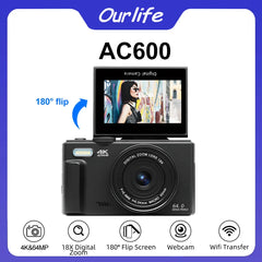 Appareil photo de photographie numérique compacte, Zoom numérique 4K 18X, enregistreur vidéo Vlog Vintage YouTube 180 ° Caméra Web WiFi Selfile à écran rabattable