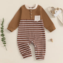 Citgeett-Barboteuse à rayures pour bébés garçons, combinaisons d'automne, vêtements pour bébés, boutons de documents, manches longues, abonnés