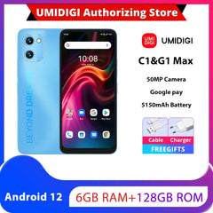 UMIDIGI C1 Max / G1 Max 50MP caméra 6GB 128GB téléphone 6.52 pouces Android 12 5150mAh batterie Unisoc T610 Octa Core 4G Smartphone