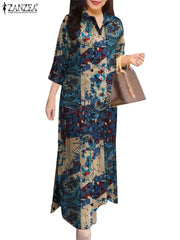 ZANZEA-Robe Longue en Coton à Revers pour Femme, Tenue Maxi Vintage à Imprimé Floral, Manches 2024, Collection Automne 3/4