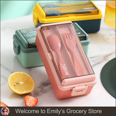 Boîte à déjeuner Portable pour enfants, avec fourchette et cuillère, boîtes à Bento en plastique Double couche pour micro-ondes, ensemble de vaisselle, conteneur de stockage des aliments