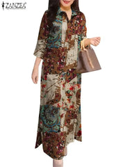 ZANZEA-Robe Longue en Coton à Revers pour Femme, Tenue Maxi Vintage à Imprimé Floral, Manches 2024, Collection Automne 3/4