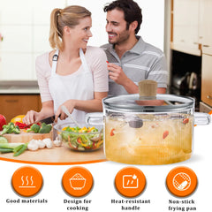 Casserole en verre transparente avec couvercle, 1,6 l, marmite à soupe en verre résistant à la chaleur, double poignées, outils de cuisine