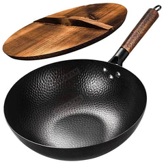 Poêle Wok en acier au carbone, 32cm, avec couvercle en bois, poêle chinoise à fond plat non revêtu, pour gaz électrique à Induction, toutes les cuisinières