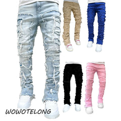 Jean empilé coupe régulière pour hommes, déchiré, Slim Fit, Patch, pantalon en Denim droit détruit, Hip Hop, Streetwear, tissu de pantalon
