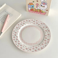 Assiette à dîner en céramique florale rose, petite assiette française florale brodée à bords en dentelle, assiette à salade légère, adaptée à la décoration de la maison, assiette à pain pour petit déjeuner quoti