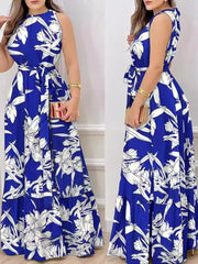 Robe d'été Sexy sans manches pour femmes, col suspendu, avec taille à lacets, jupe imprimée feuille de Lotus, longueur au sol, nouvelle collection