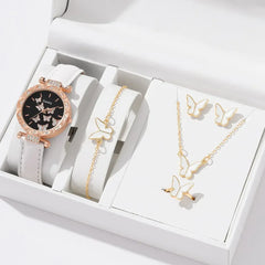 6/1 pièces ensemble femmes montre bague collier boucles d'oreilles Bracelet ensemble montres papillon Bracelet en cuir dames montre-Bracelet à Quartz (sans boîte)