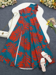 Robe longue à imprimé tropical à une épaule pour femmes, ourlet fendu, style décontracté, élégante, robe trapèze, tissée, robe, printemps/été/automne