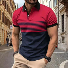 T-shirt à manches courtes à revers imprimé à rayures respirantes, chemise boutonnée de Style rétro décontracté pour hommes pour l'été